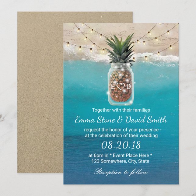 Invitation Ananas Mason Jar String Lights Beach Wedding (Devant / Derrière)