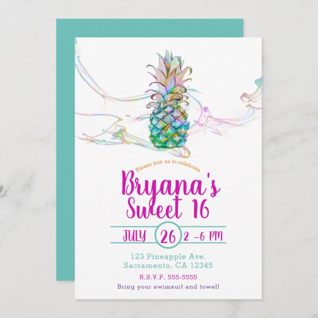 Invitation Ananas Rainbow Color Splash Sweet 16 Party (Devant / Derrière)