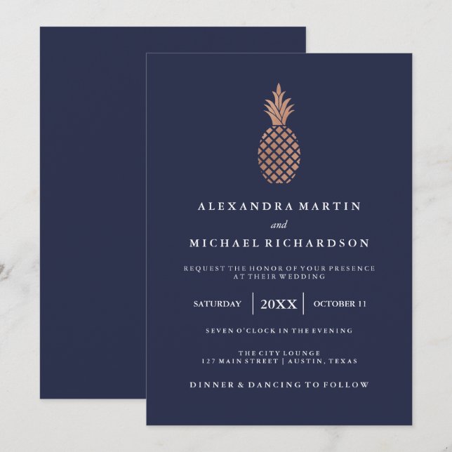 Invitation Ananas Rose en or Faux sur Mariage bleu nuit (Devant / Derrière)