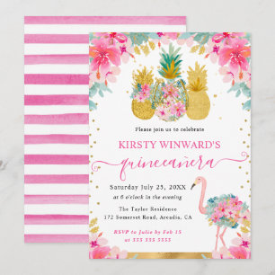 Invitation Ananas rose et or et Quinceanera Flamant rose