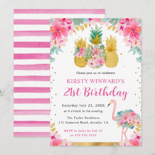 Invitation Ananas rose et or & Flamant rose 21e anniversaire