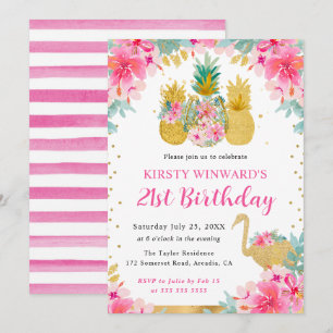 Invitation Ananas rose et or & Flamant rose 21e anniversaire