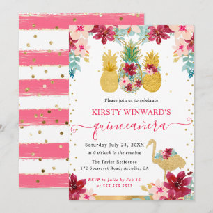 Invitation Ananas rose et or & Flamant rose Quinceanera