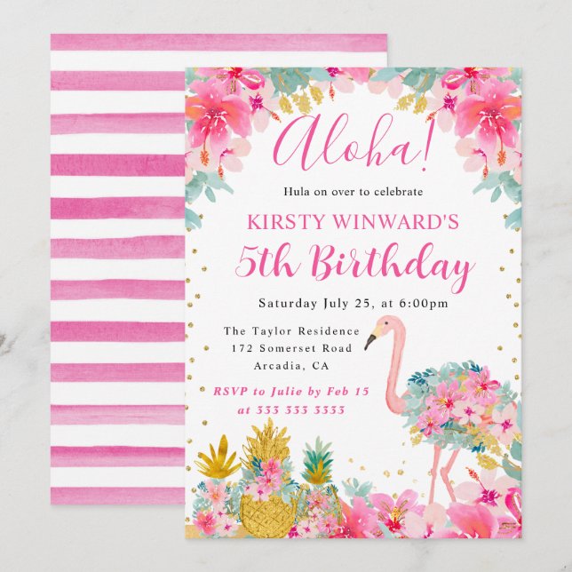 Invitation Ananas roses et dorés et Anniversaire de Flamant R (Devant / Derrière)