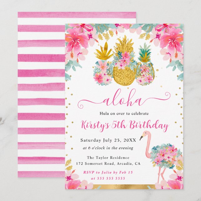 Invitation Ananas roses et dorés et Anniversaire de Flamant R (Devant / Derrière)