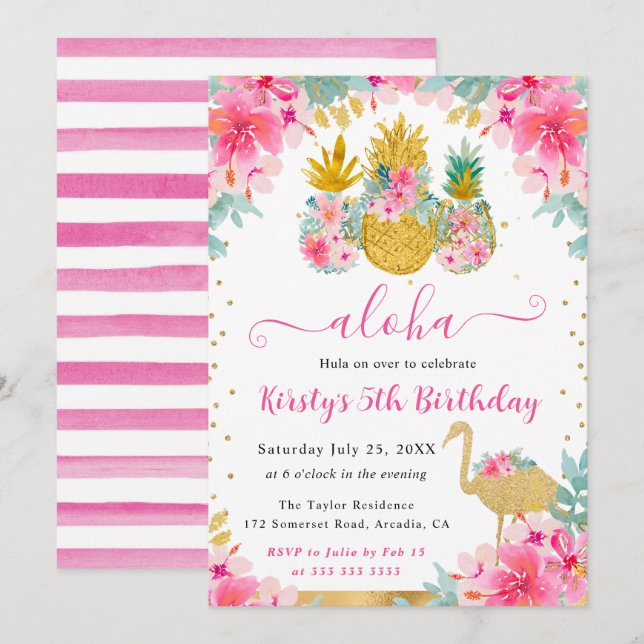 Invitation Ananas roses et dorés et anniversaire enfant Flama (Devant / Derrière)