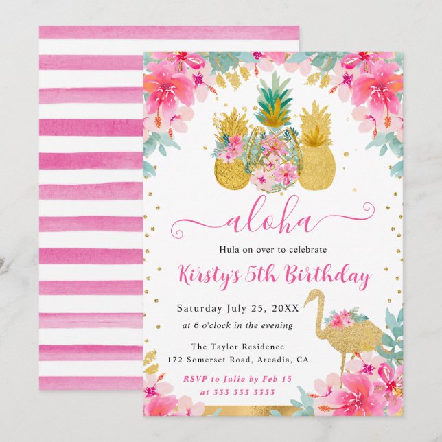 Invitation Ananas roses et dorés et anniversaire enfant Flama (Devant / Derrière)