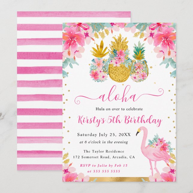 Invitation Ananas roses et dorés et anniversaire enfant flama (Devant / Derrière)