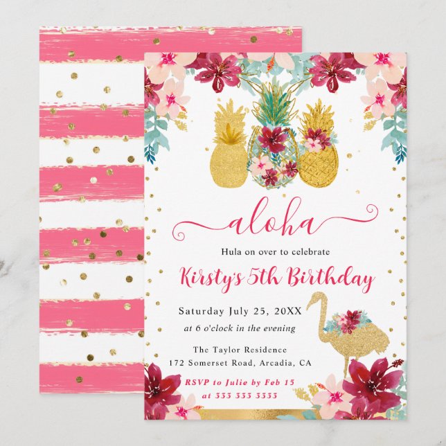 Invitation Ananas roses et dorés et anniversaire pour enfants (Devant / Derrière)