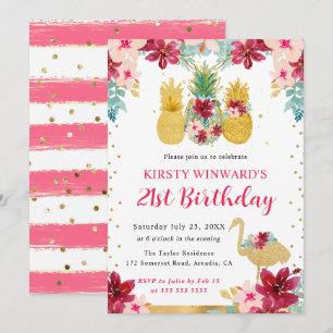 Invitation Ananas roses et dorés et Flamant rose 21e annivers