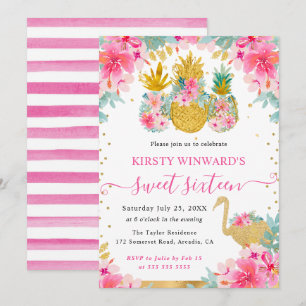 Invitation Ananas roses et dorés et Flamant Rose pour 16 ans