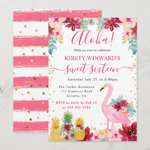 Invitation Ananas roses et dorés et Flamant rose Sweet 16