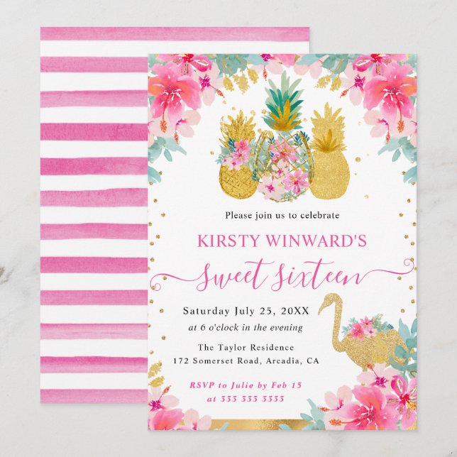 Invitation Ananas roses et dorés et Flamant Rose Sweet 16 (Devant / Derrière)