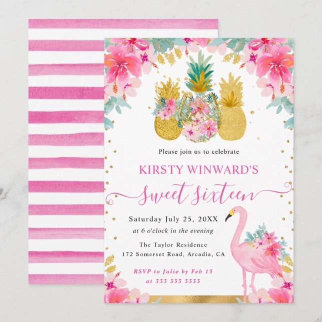 Invitation Ananas roses et dorés et Flamant rose Sweet 16 (Devant / Derrière)