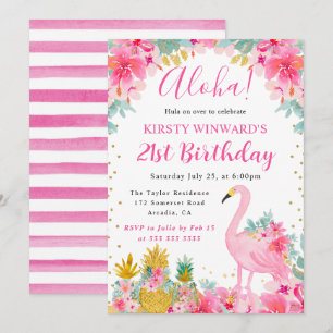 Invitation Ananas roses et dorés & Flamant rose 21e anniversa
