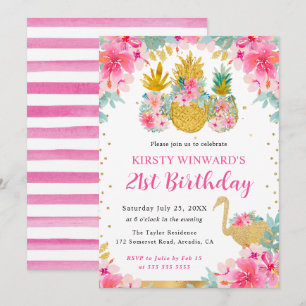 Invitation Ananas roses et dorés & Flamant rose 21e anniversa