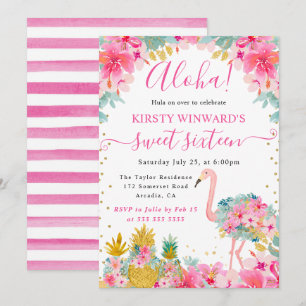 Invitation Ananas roses et dorés & Flamant rose Sweet 16