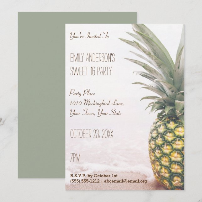 Invitation Ananas tropical Plage d'été Sweet 16 Anniversaire (Devant / Derrière)