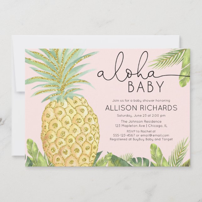 Invitation Ananas tropical rose vif baby shower fille (Devant)