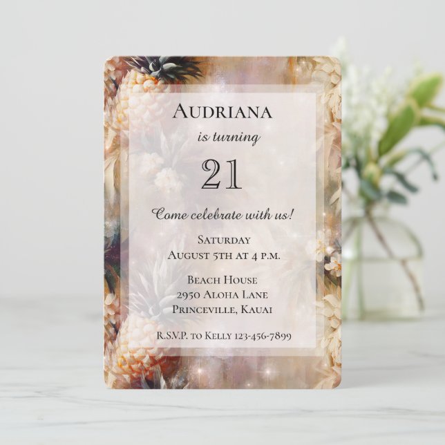 Invitation Ananas Tropicaux Chic Étincellent Anniversaire (Debout devant)