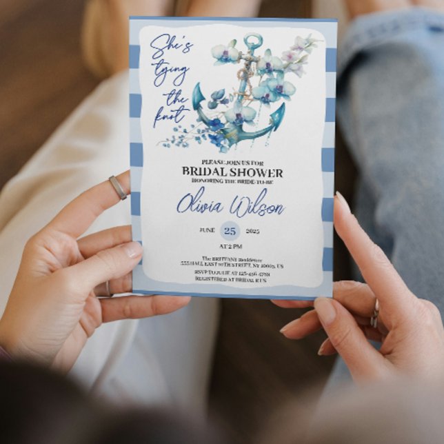 Invitation Anchor Tying the Knot Nautical Bridal Shower  (chic Anchor Floral Roses Tying the Knot Nautical Bridal Shower Blue and White Stripe Sailboat invite)