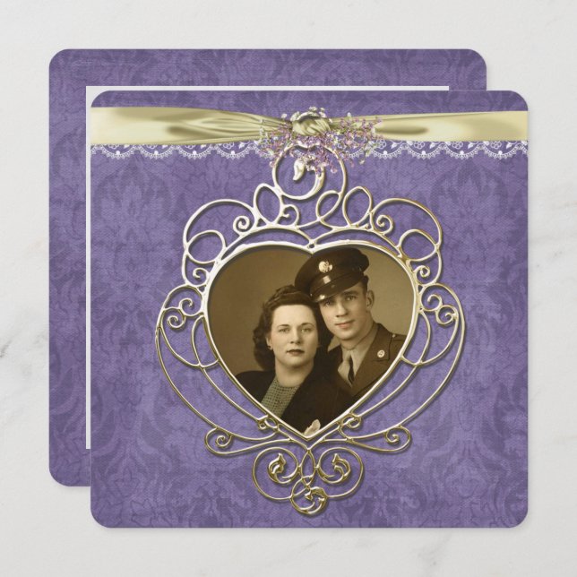 Invitation Ancien cadre de coeur doré (Devant / Derrière)