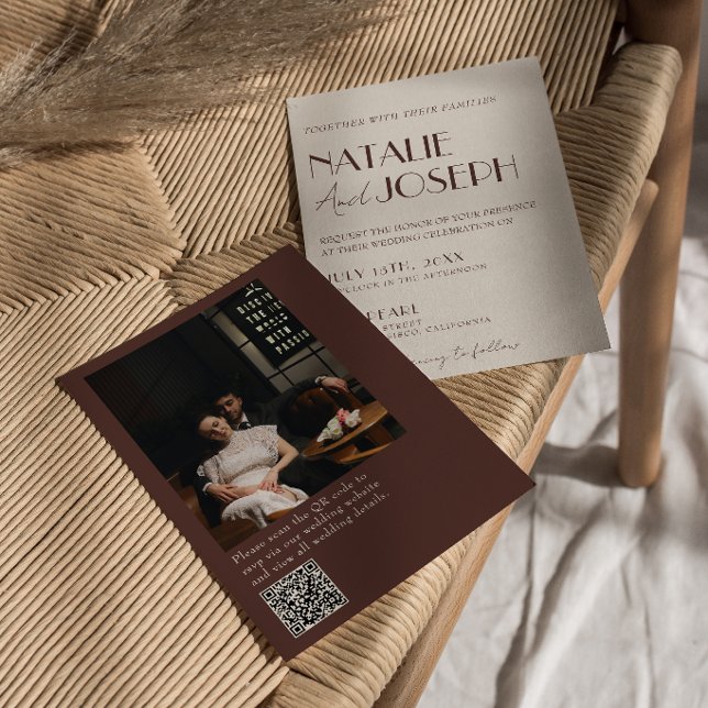 Invitation Ancien Code QR de Mariage Photo en Chocolat Marron (Créateur téléchargé)
