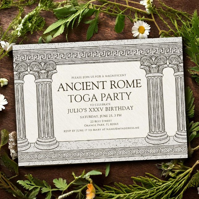 Invitation Ancien Rome Toga Anniversaire fête avec colonnes (Créateur téléchargé)
