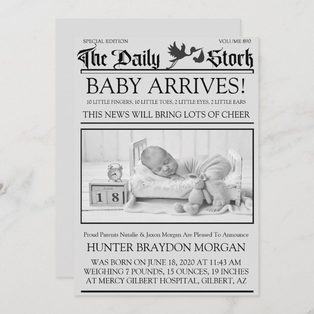 Invitation Ancien style noir & blanc Annonce de naissance (Devant / Derrière)