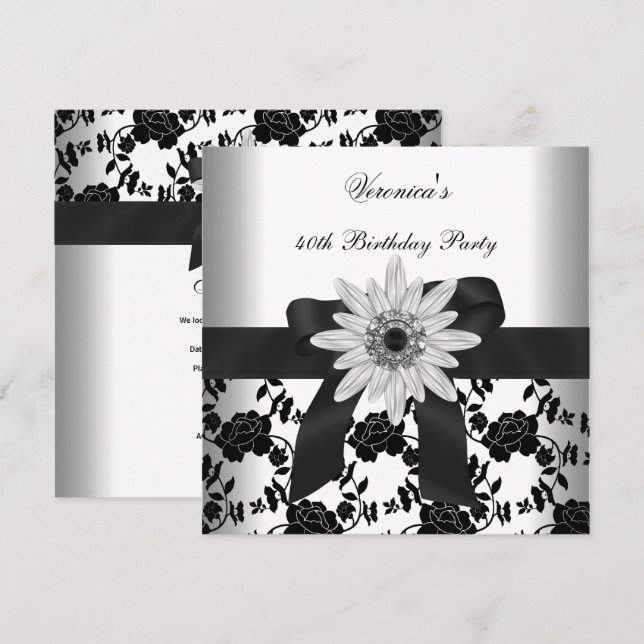 Invitation Ancienne Fête d'anniversaire Noir Blanc Fleur Diam (Devant / Derrière)