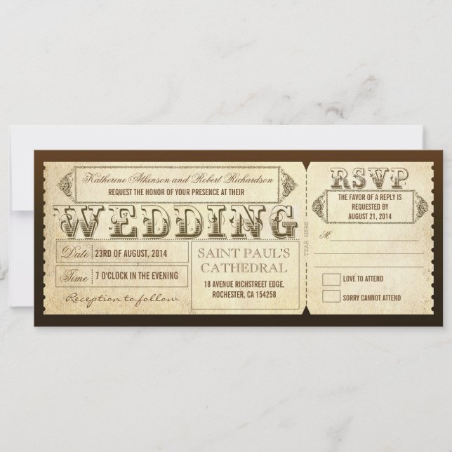 Invitation Anciens Billets de Mariage avec RSVP (Devant)