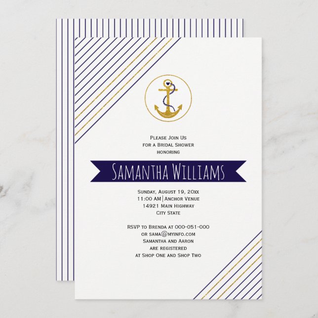 Invitation Ancrage or rayures nautique mariage douche nuptial (Devant / Derrière)