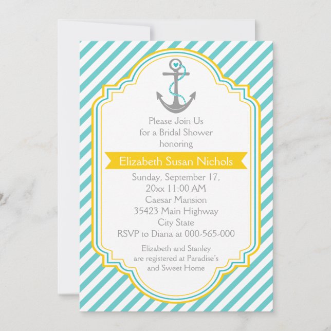 Invitation Ancre aqua, mariage nautique jaune douche nuptiale (Devant)