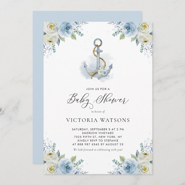 Invitation Ancre aquarelle et Baby shower garçon Fleurs Bleue (Devant / Derrière)