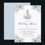 Invitation Ancre aquarelle et Wedding shower de fleurs bleues<br><div class="desc">Famille d'Invitations et amis à votre événement avec cette invitation personnalisée de wedding shower à thème nautique. Il présente l'aquarelle d'une ancre aux fleurs bleues et blanches. Personnalisez en ajoutant les noms, la date, l'heure, le lieu, l'adresse et d'autres détails de l'événement. Cette invitation florale d'ancre est parfaite pour les...</div>