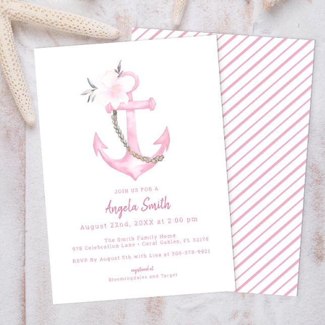 Invitation Ancre Baby shower Aquarelle rose (Pink Nautical Baby Shower Invitation)