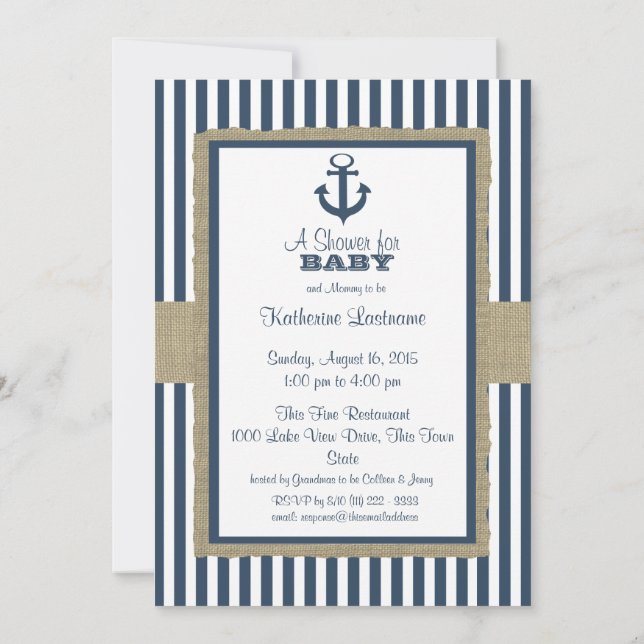 Invitation Ancre Baby shower Blue Stripes de la Marine (Dos)