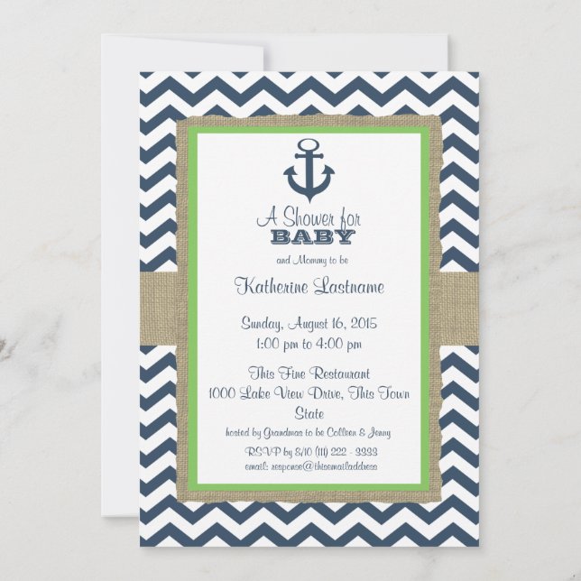 Invitation Ancre  Baby shower Blue ZigZag (Dos)