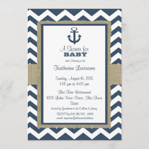 Invitation Ancre Baby shower Blue Zigzag