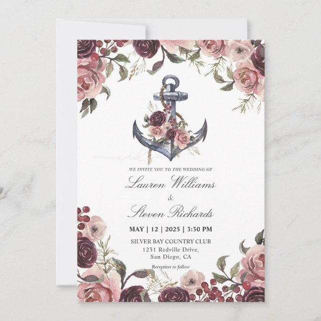 Invitation Ancre Blanche Rose Purple Personnalisée Et Cadre F (Devant)
