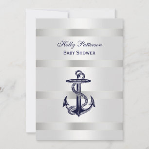 Invitation Ancre bleu marine Baby shower Silver Wt BG V