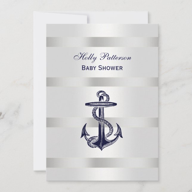 Invitation Ancre bleu marine Baby shower Silver Wt BG V (Devant)