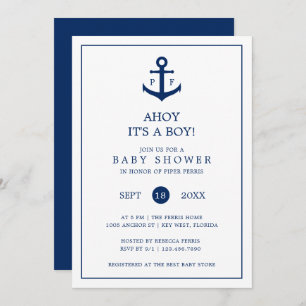 Invitation Ancre bleu marine  Monogramme Baby shower garçon