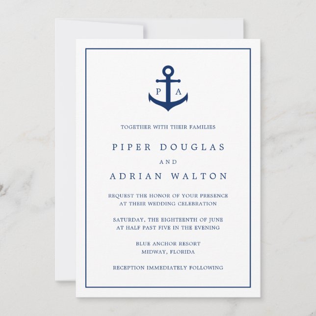 Invitation Ancre bleu marine Monogramme Mariage nautique (Devant)