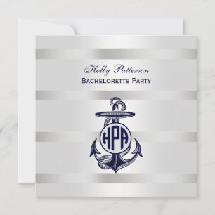 Invitation Ancre Bleue Argent Blanc Cercle Marine Monogramme 