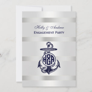 Invitation Ancre Bleue Argent Blanc Cercle Marine Monogramme