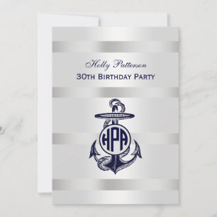 Invitation Ancre Bleue Argent Blanc Cercle Marine Monogramme 