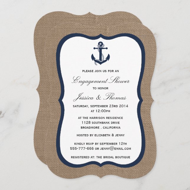 Invitation Ancre Bleue De La Marine Sur Burlap Fiançailles Na (Devant / Derrière)