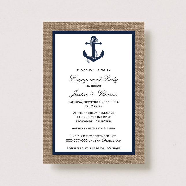 Invitation Ancre Bleue De La Marine Sur Burlap Fiançailles Na (Créateur téléchargé)