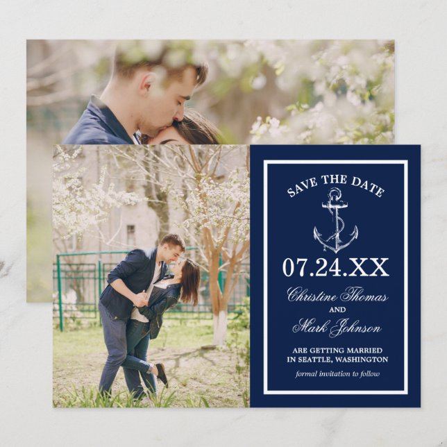 Invitation Ancre bleue marine 2 Photo Enregistrer la date (Devant / Derrière)